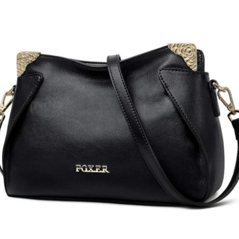 FOXER Black Genuine Leather Crossbody Bag Gold Fox Decor